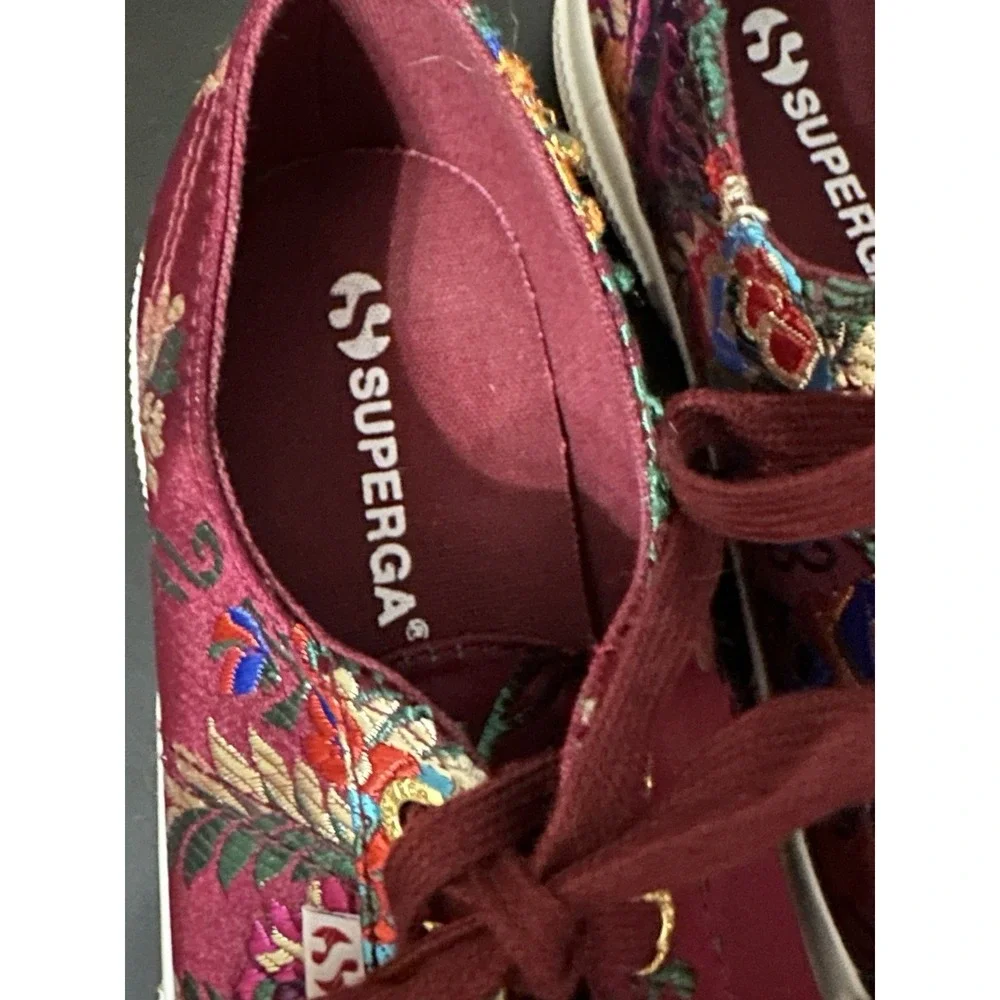 Superga Korelaw 2750 Embroidered Satin Sneakers Burgundy Floral Womens Size 7